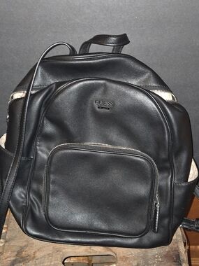 GUESS Black Faux-Leather Backpack with Front Pocket
